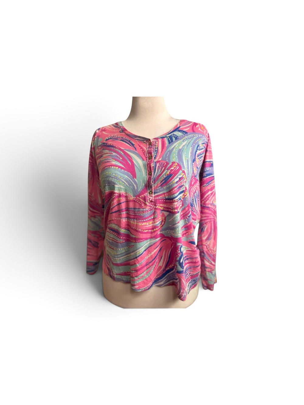 Lilly Pulitzer Pink Multicolory Swirl Long Sleeve Henley size medium